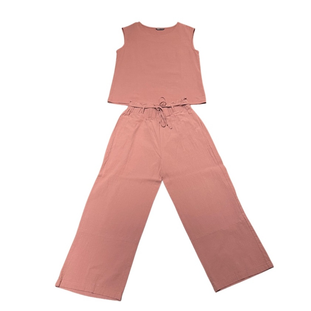 SHEIN Cap-Sleeve Top & Wide-Leg Bottom Outfit Set Pink Women's Size M|6
